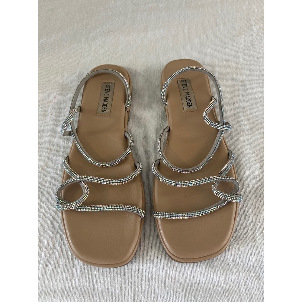 Steve Madden Rhinestone Strappy Sandals Women's 7 Nude Crystal Flats